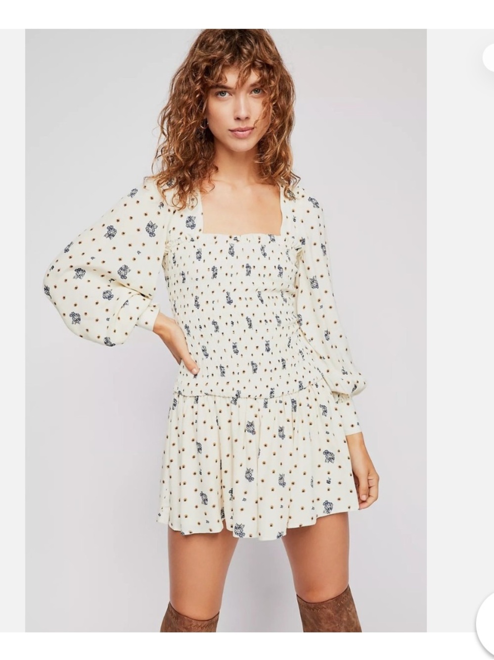 Free People White Floral Smocked Long-Sleeve Mini Dress NWT